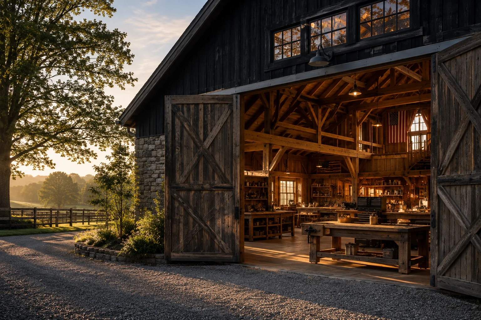 Organized timber workshop with tools, lumber, and workbenches