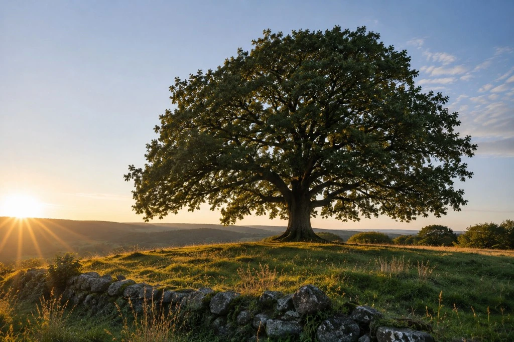 Large oak tree on a grassy hill at sunrise with a stone wall in the foreground